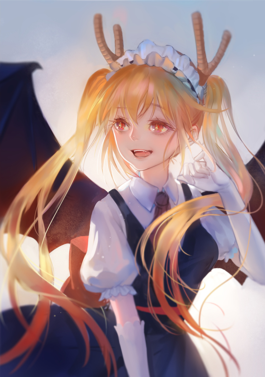 1girl :d absurdres backlighting bangs black_dress black_wings blonde_hair blurry blush bow breasts commentary_request cowboy_shot cravat dragon_girl dragon_horns dragon_wings dress elbow_gloves eyebrows_visible_through_hair eyelashes fangs frilled_sleeves frills gloves gradient gradient_background gradient_hair hand_up highres horns kamachi_kamachi-ko kobayashi-san_chi_no_maidragon long_hair looking_away looking_to_the_side maid_headdress medium_breasts multicolored_hair open_mouth orange_bow orange_hair puffy_short_sleeves puffy_sleeves red_eyes sash short_sleeves sleeveless sleeveless_dress slit_pupils smile solo teeth tongue tooru_(maidragon) tsurime twintails upper_body white_gloves wings