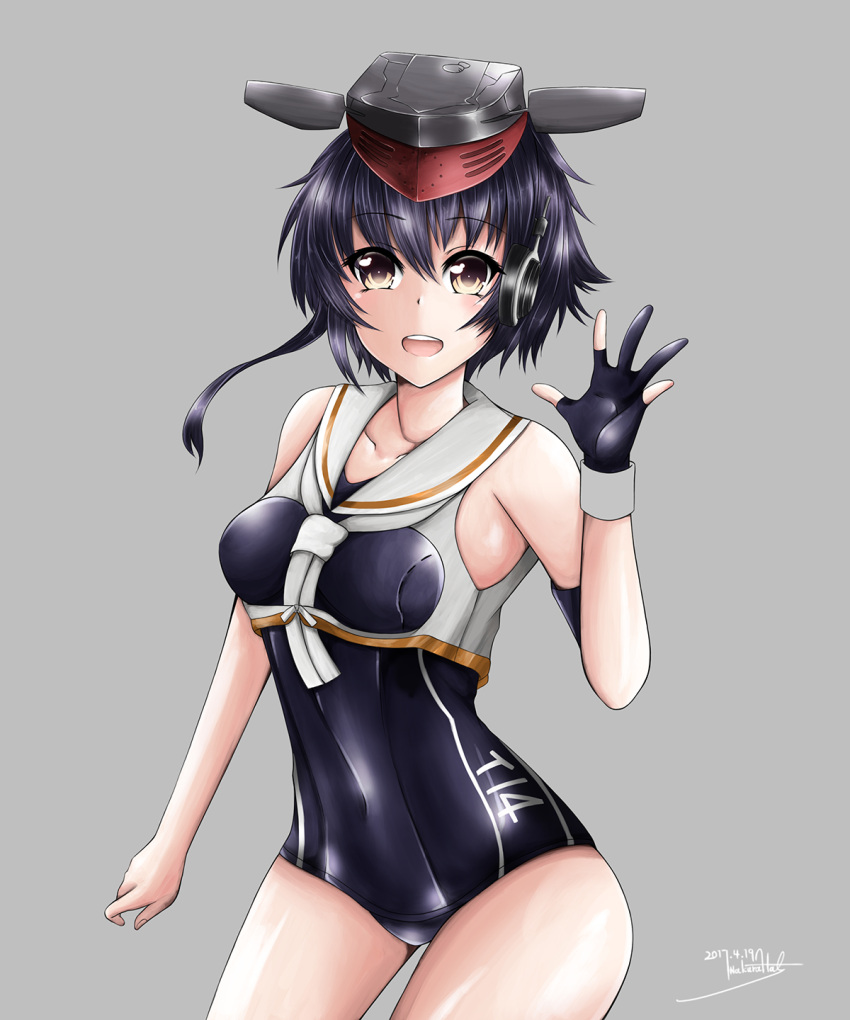 1girl asymmetrical_hair bare_shoulders black_hair black_swimsuit breasts brown_eyes cowboy_shot framed_breasts gloves hair_between_eyes hal_nakura hat headphones highres i-14_(kantai_collection) kantai_collection looking_at_viewer medium_breasts open_mouth partly_fingerless_gloves sailor_collar school_swimsuit short_hair smile solo swimsuit waving