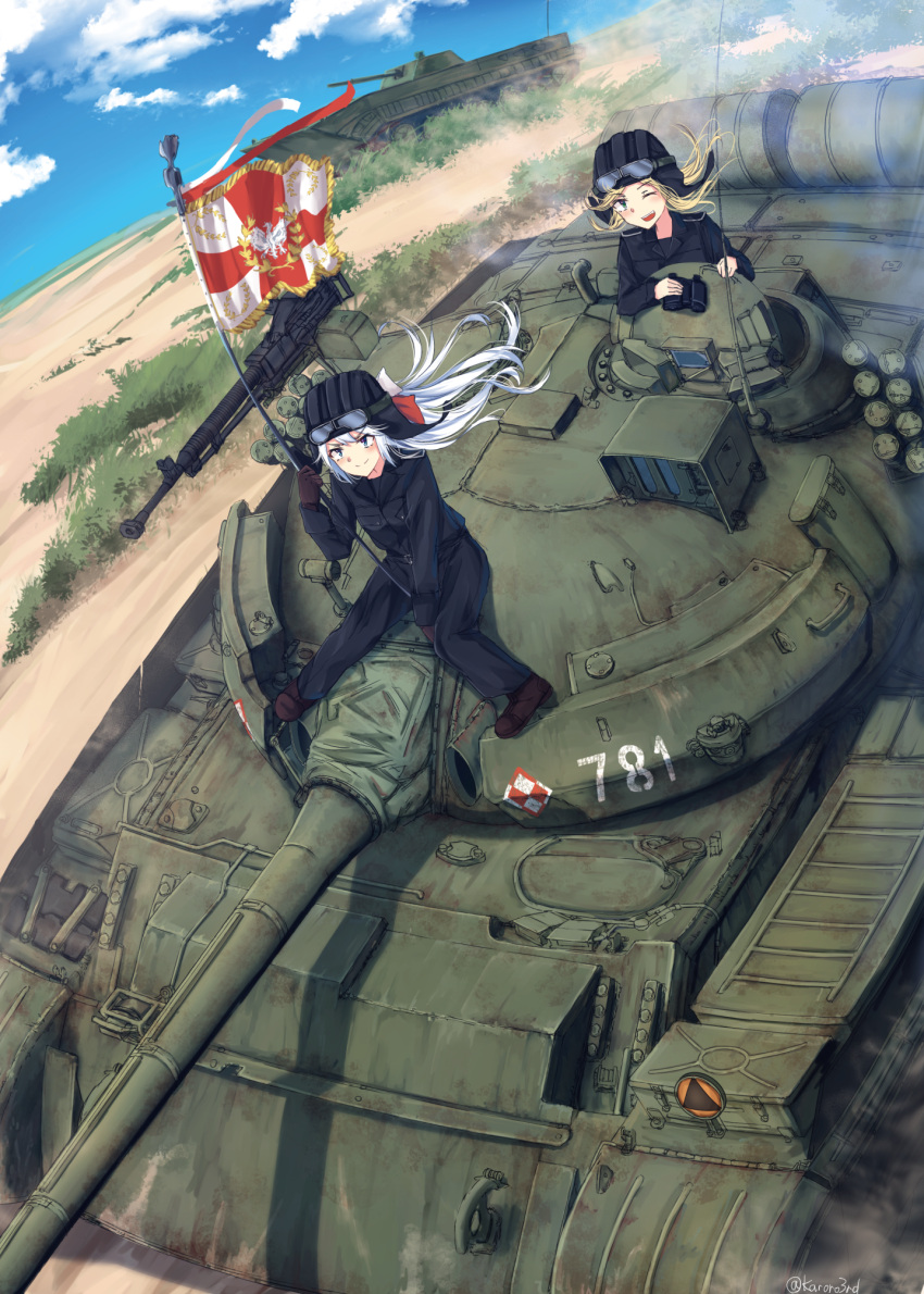 2girls blonde_hair bmp-1 clouds cupola dutch_angle ground_vehicle gun heavy_machine_gun helmet highres karo-chan long_hair machine_gun military military_vehicle motor_vehicle multiple_girls one_eye_closed original poland polish_air_force_checkerboard polish_flag riding silver_hair sky smirk standard_bearer t-55a t55am_merida tank uniform weapon