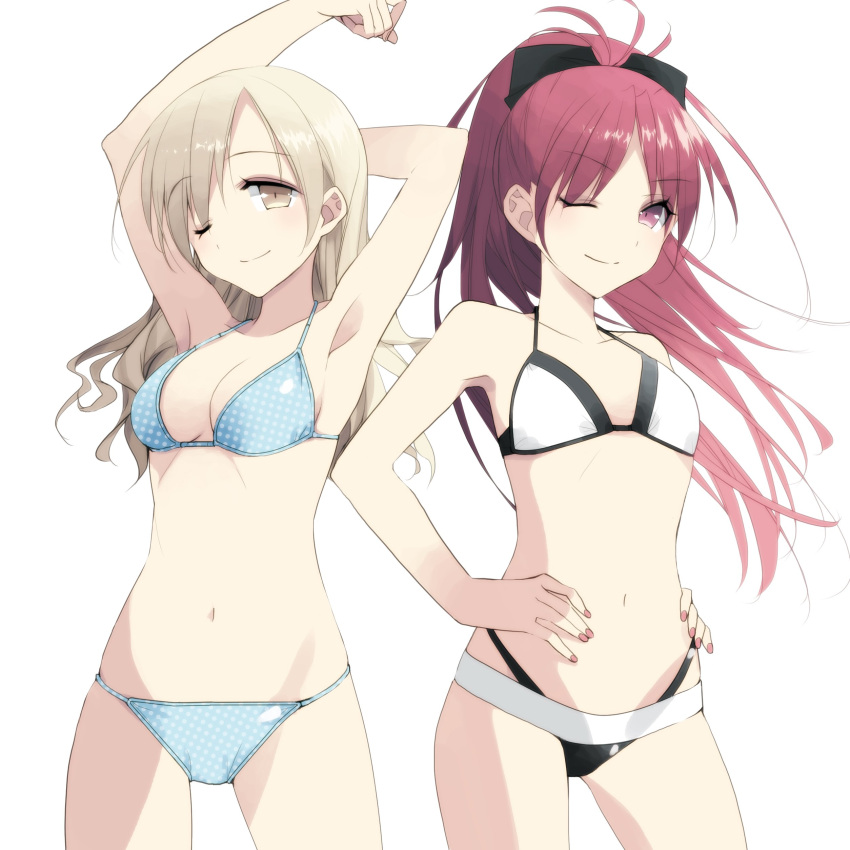 10s 2girls absurdres armpits arms_up bikini black_bikini blonde_hair blue_bikini breasts eyebrows_visible_through_hair fingernails hair_ribbon hands_on_hips highres large_breasts long_hair mahou_shoujo_madoka_magica misteor multicolored multicolored_bikini multicolored_clothes multiple_girls navel one_eye_closed polka_dot polka_dot_bikini red_eyes redhead ribbon sakura_kyouko small_breasts smile swimsuit tomoe_mami white_background white_bikini yellow_eyes