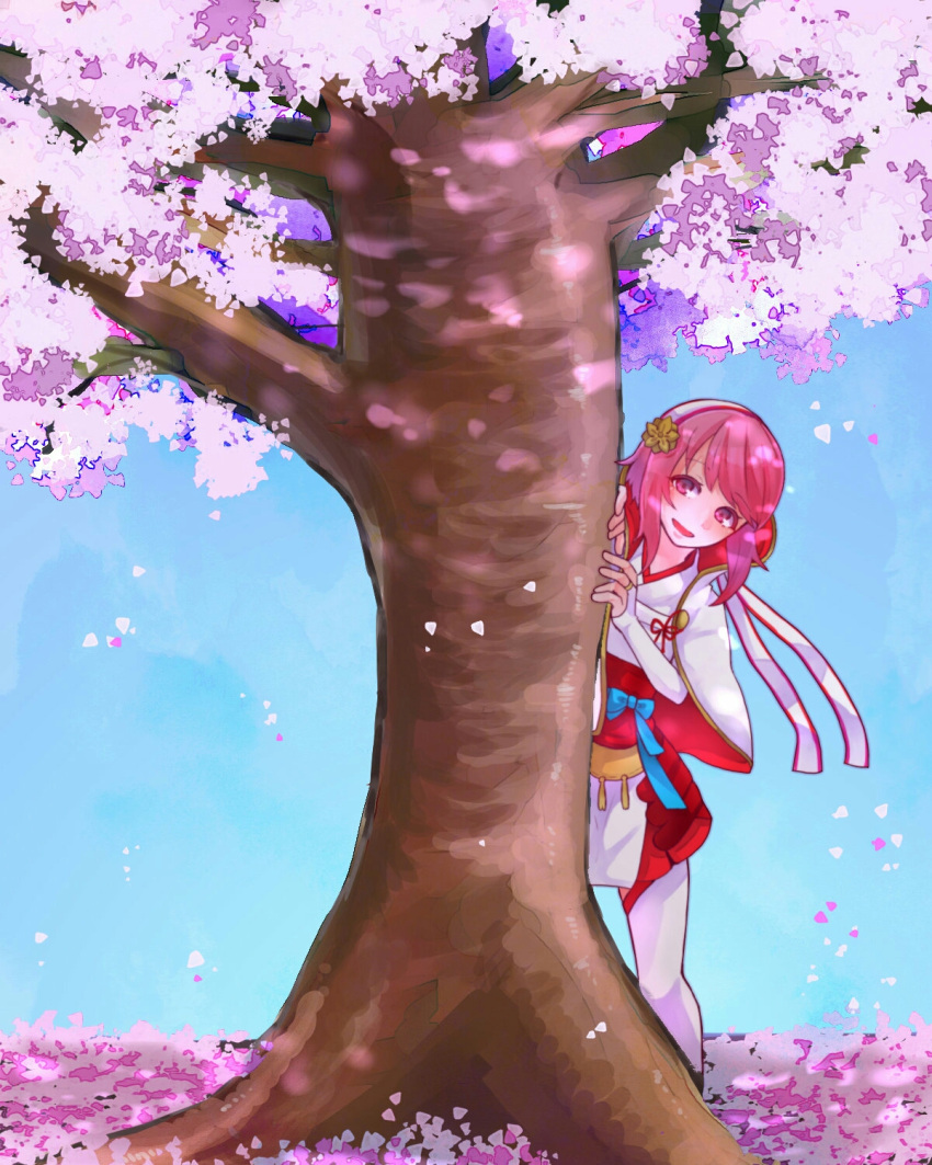 1girl behind_tree capelet cherry_blossoms elbow_gloves fingerless_gloves fire_emblem fire_emblem_if flower gloves hair_flower hair_ornament hairband highres japanese_clothes kimono leaning looking_at_viewer nontraditional_miko obi open_mouth pink_eyes pink_hair ribbon sakura_(fire_emblem_if) sash short_hair smile solo standing thigh-highs tyotto_ko_i white_gloves white_legwear