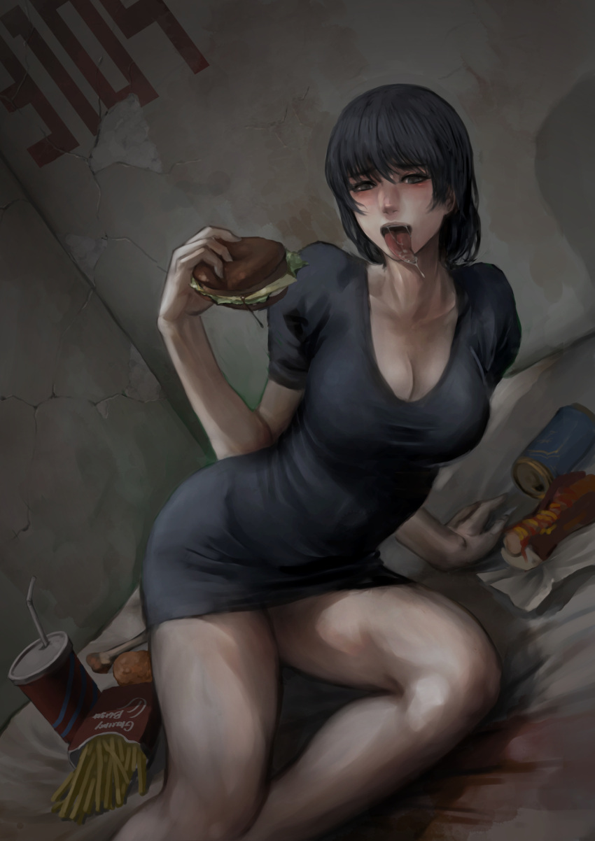1girl black_hair blush breasts can chicken_(food) cleavage commentary_request dress food french_fries hamburger highres holding holding_food hot_dog jittsu large_breasts on_bed original saliva short_hair soda tongue tongue_out