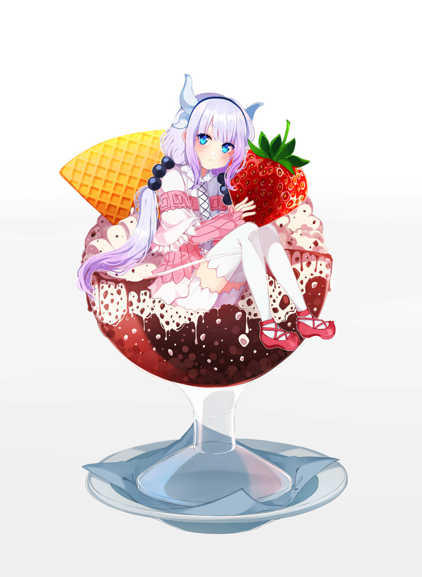 1girl beads blue_eyes capelet dragon_horns eyebrows_visible_through_hair food from_side fruit full_body glass gradient gradient_background hair_beads hair_ornament hairband head_tilt highres holding holding_fruit horns ice_cream kanna_kamui kobayashi-san_chi_no_maidragon lavender_hair long_hair long_sleeves looking_at_viewer low_twintails mary_janes napkin parted_lips pink_shoes plate savi_(byakushimc) shoes sitting solo strawberry thigh-highs twintails very_long_hair wafer white_background white_legwear