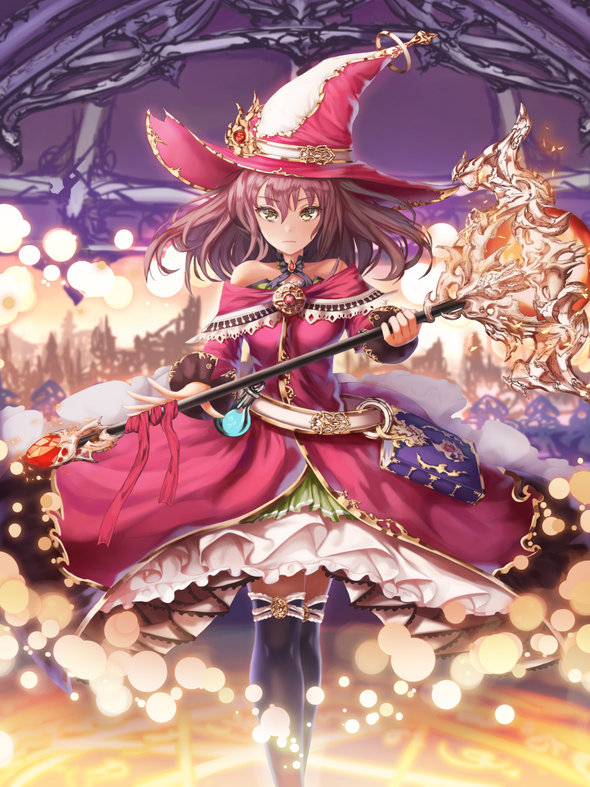 1girl absurdres black_legwear book brown_eyes dress flask grimoire h2o_(dfo) hat hat_belt highres holding holding_staff looking_at_viewer magic_circle magical_girl original pink_hat pink_skirt potion skirt solo staff standing witch witch_hat