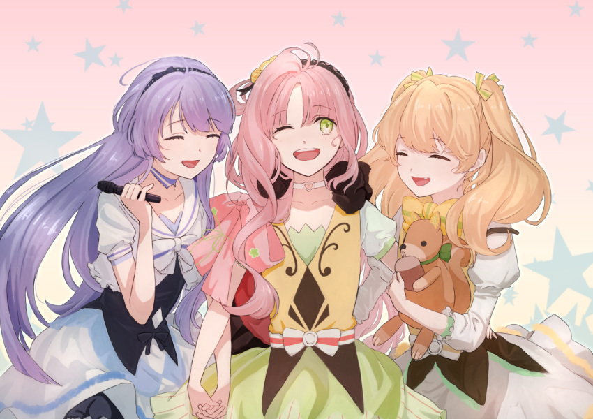 3boys blue_hair brown_hair choker crossdressinging fang green_eyes hair_ribbon hairband hanabusa_kokoro hand_holding hirayama_ityu i-chu kagurazaka_runa long_hair male_focus multiple_boys oikawa_momosuke one_eye_closed pink_hair ribbon stuffed_squirrel trap