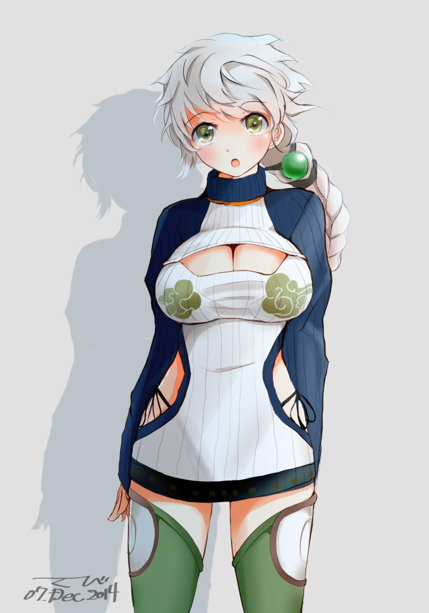 1girl adapted_costume braid breasts cleavage cleavage_cutout commentary_request green_eyes green_legwear hair_ornament highleg highleg_panties highres kantai_collection large_breasts long_hair meme_attire open-chest_sweater panties revealing_clothes ribbed_sweater shadow silver_hair single_braid solo standing sweater tebi_(tbd11) thigh-highs turtleneck underwear unryuu_(kantai_collection) zettai_ryouiki