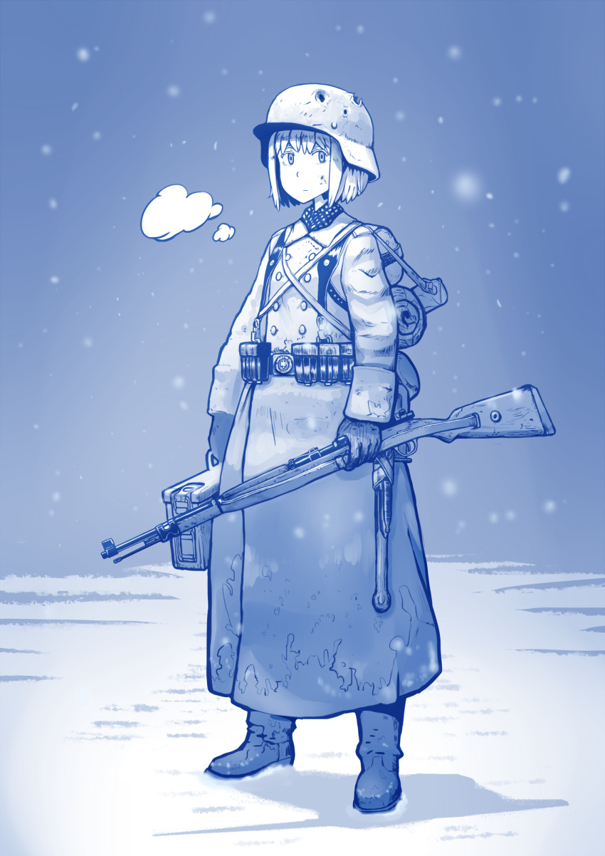 1girl ammo_box backpack bag belt boots bullet_hole coat commentary damaged erica_(naze1940) gloves gun helmet highres holding military military_uniform monochrome original overcoat pouch rifle short_hair shovel snow snowing soldier solo uniform weapon weapon_request worktool world_war_ii