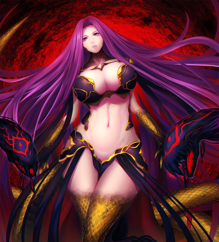 1girl belly breasts cleavage curvy fate/grand_order fate_(series) gorgon_(fate) highres large_breasts long_hair looking_at_viewer midriff minami_koyogi navel parted_lips pink_eyes purple_hair rider scales snake solo very_long_hair wide_sleeves