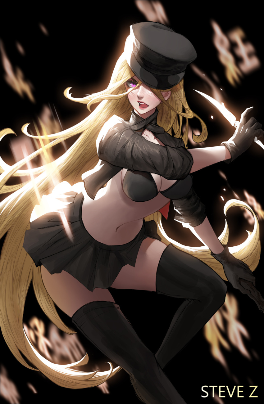 1girl absurdres arm_at_side artist_name bangs bikini_top bishamonten_(noragami) black_background black_bikini_top black_boots black_gloves black_hat black_jacket black_legwear black_skirt blonde_hair boots breasts cleavage collarbone commentary cowboy_shot cropped_jacket gloves hair_between_eyes hair_over_one_eye hand_up hat highres holding holding_knife holding_weapon jacket knife large_breasts leg_up lips long_hair looking_at_viewer midriff miniskirt navel noragami nose one_eye_covered one_leg_raised open_clothes open_jacket open_mouth pink_lips skirt sleeves_past_elbows sleeves_rolled_up solo standing standing_on_one_leg steve_zheng teeth thigh-highs thigh_boots turtleneck upper_teeth very_long_hair violet_eyes weapon zettai_ryouiki