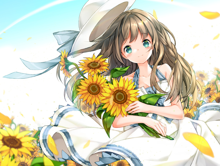 1girl aqua_eyes bangs bare_arms bare_shoulders blue_bow blue_ribbon blue_sky blurry bouquet bow breasts brown_hair cleavage closed_mouth collarbone commentary_request cowboy_shot day depth_of_field dress dutch_angle eyebrows_visible_through_hair field flower flower_field hat hat_ribbon holding holding_bouquet juna long_hair looking_at_viewer medium_breasts motion_blur original outdoors petals ribbon sky sleeveless sleeveless_dress smile solo standing sun_hat sundress sunflower sunflower_petals tareme white_dress white_hat wind