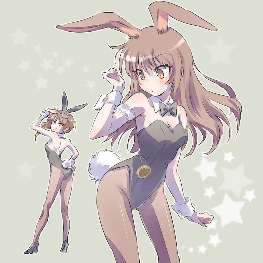 2girls alternate_costume animal_ears arm_garter ass blush bow bowtie breasts brown_eyes brown_hair bunny_tail bunnysuit cleavage coco_adel collar commentary_request from_behind hand_on_hip high_heels highres iesupa long_hair looking_back multiple_girls pantyhose rabbit_ears rwby short_hair sideboob small_breasts sunglasses tail velvet_scarlatina wrist_cuffs
