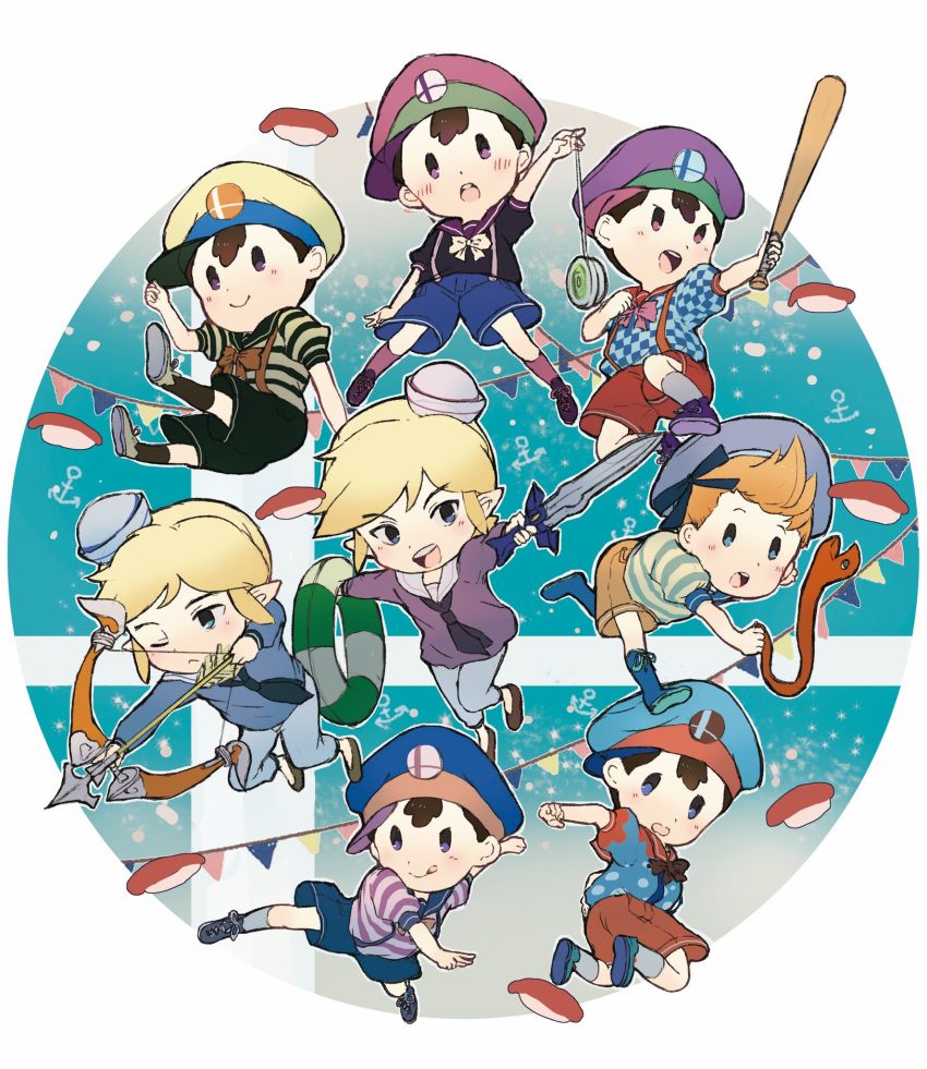 black_hair blonde_hair blue_eyes blush bow_(weapon) chibi gloves hat highres link looking_at_viewer lucas male_focus mother_(game) mother_2 mother_3 multiple_boys myuu1995 ness open_mouth smile super_smash_bros. the_legend_of_zelda the_legend_of_zelda:_the_wind_waker toon_link weapon