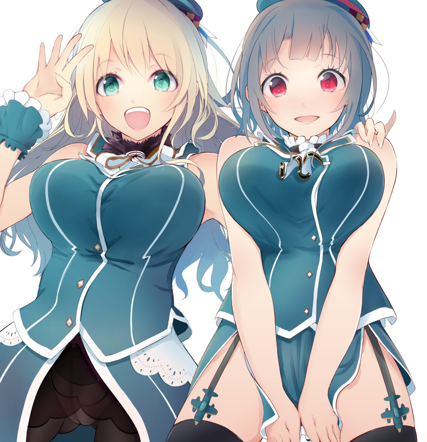 2girls adapted_costume aqua_eyes arm_up atago_(kantai_collection) beret black_hair black_legwear blonde_hair blue_dress blue_hat breasts buttons covering covering_crotch dress embarrassed fur_collar garter_straps hand_on_another's_shoulder hat highres kantai_collection large_breasts long_hair looking_at_viewer multiple_girls neckerchief panties panties_under_pantyhose pantyhose red_eyes short_hair simple_background takao_(kantai_collection) tebi_(tbd11) thigh-highs underbust underwear waving white_background white_neckerchief white_panties wrist_cuffs