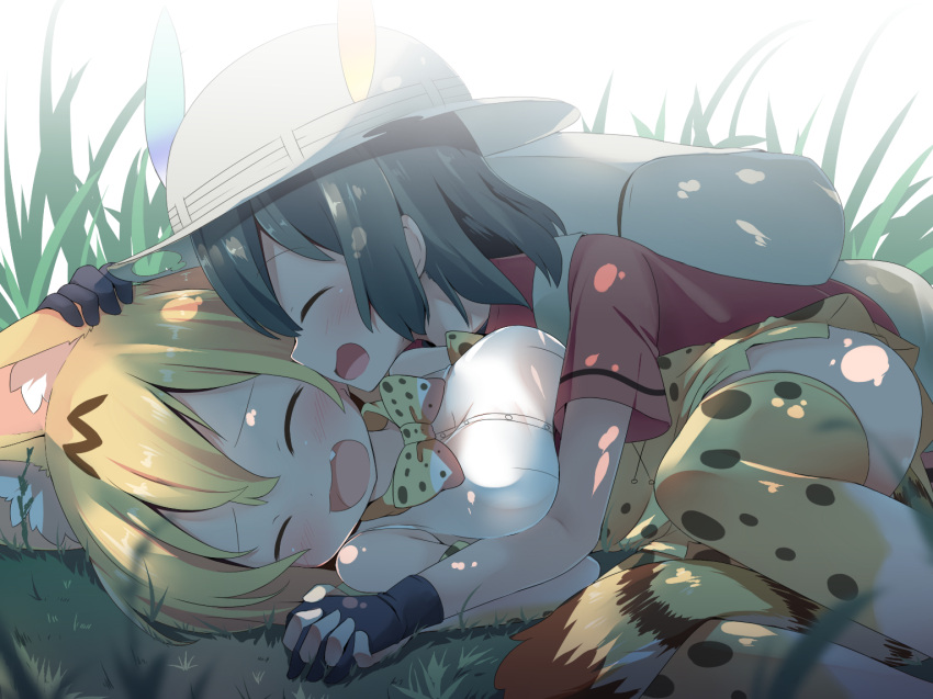 2girls :d ^_^ animal_ears backpack bag blonde_hair blush bow bowtie closed_eyes commentary commentary_request fang gloves grass green_hair hand_holding hand_on_another's_head hat hat_feather hug interlocked_fingers kaban_(kemono_friends) kemono_friends laughing lying makuran multiple_girls on_ground open_mouth partial_commentary print_legwear serval_(kemono_friends) serval_ears serval_print serval_tail short_hair smile tail thigh-highs |d