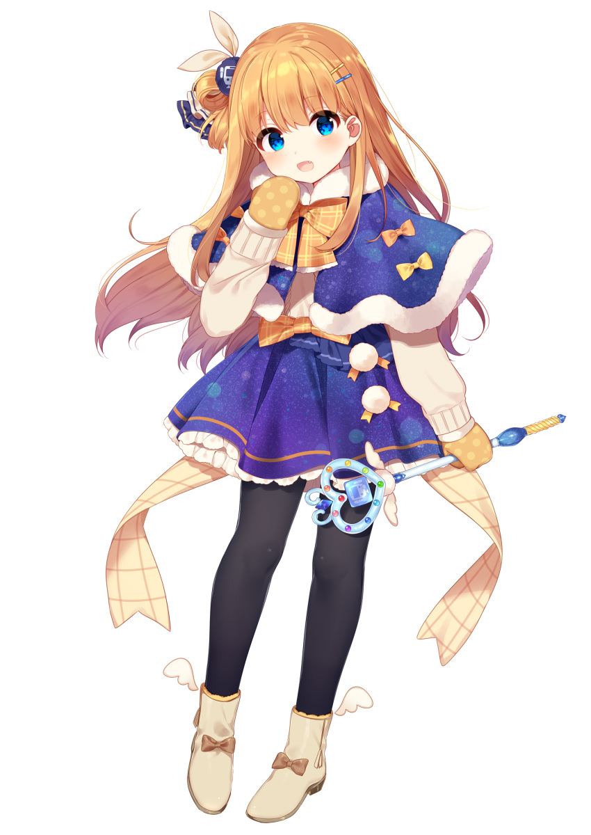 1girl :d aran_sweater bangs beige_footwear beige_scarf black_legwear blue_capelet blue_eyes blue_ribbon blue_skirt blush boots bow brown_bow capelet commentary_request eyebrows_visible_through_hair fang frilled_skirt frills full_body fur-trimmed_capelet hair_between_eyes hair_ornament hair_ribbon hairclip head_tilt heart highres holding holding_wand light_brown_hair long_sleeves looking_at_viewer mafuyu_(chibi21) mini_wings mittens official_art one_side_up open_mouth original pantyhose polka_dot ribbon simple_background skirt smile solo standing sweater wand white_background white_ribbon white_sweater winged_boots