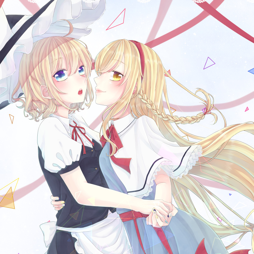 2girls :o absurdres ahoge alice_margatroid apron arm_around_waist blonde_hair blouse blue_dress blue_eyes blush bow braid breasts capelet collared_dress cosplay costume_switch couple dress hair_between_eyes hairband hand_holding hat hat_bow highres hug incipient_kiss kirisame_marisa lips looking_at_viewer mei_(mei19132) multiple_girls nail_polish neck neck_ribbon open_mouth profile puffy_short_sleeves puffy_sleeves red_hairband ribbon round_teeth short_hair short_sleeves side_braid skirt skirt_set smile teeth touhou upper_body very_long_hair vest witch_hat yellow_eyes yuri