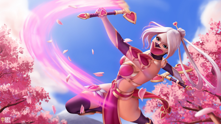 1girl akali alternate_costume alternate_eye_color alternate_hair_color blue_eyes breasts cherry_blossoms cleavage dual_wielding face_mask hair_bun hair_ornament hair_stick heart highres iury_padilha kama_(weapon) large_breasts league_of_legends long_hair looking_at_viewer mask ninja pelvic_curtain petals ponytail sickle silver_hair solo thigh-highs thigh_strap