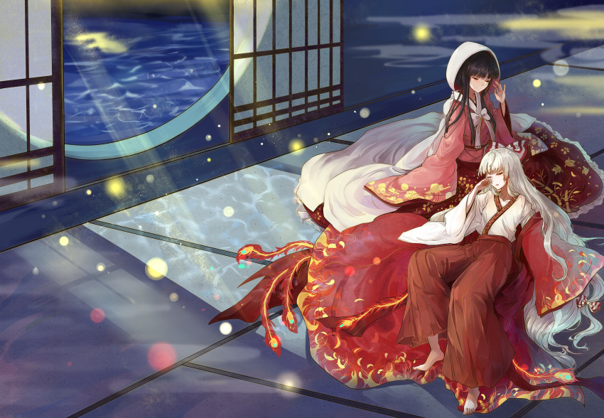 2girls absurdres aili_(aliceandoz) barefoot black_hair closed_eyes fujiwara_no_mokou hair_ribbon hakama highres hime_cut houraisan_kaguya japanese_clothes long_hair long_skirt lying_on_lap multiple_girls one_eye_closed red_eyes ribbon shouji skirt sliding_doors smile touhou water white_hair window