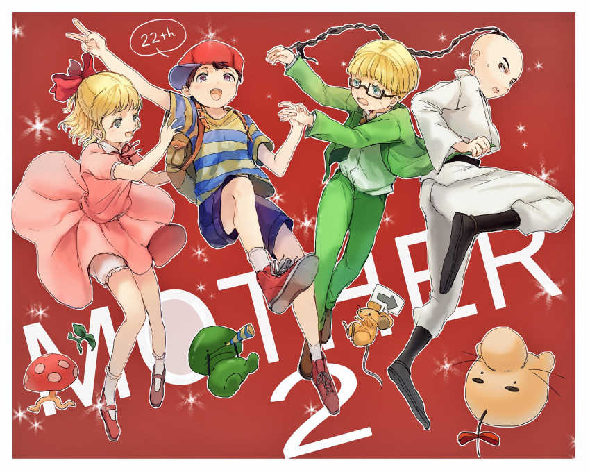 1girl 3boys animal baseball_bat black_hair blonde_hair blue_eyes blush bow brown_hair doseisan dress full_body glasses hat highres jeff_andonuts male_focus mother_(game) mother_2 mouse multiple_boys myuu1995 ness open_mouth paula_(mother_2) poo_(mother_2) ribbon short_hair smile