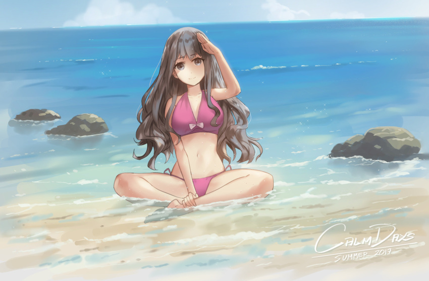 1girl 2017 beach bikini character_request copyright_request english grey_eyes grey_hair highres indian_style long_hair navel ocean outdoors rock salute sendrawz sitting smile solo swimsuit text