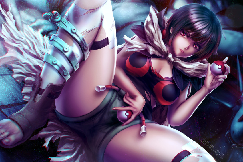 1girl black_hair breasts cape chromatic_aberration cleavage dragon dust feet hand_up higana_(pokemon) highres holding holding_poke_ball kneehighs knees_up kouson33 leaning_back lips looking_at_viewer medium_breasts mega_stone no_socks poke_ball pokemon pokemon_(creature) pokemon_(game) pokemon_oras red_eyes salamence sandals short_shorts shorts sitting solo_focus tank_top thighs toeless_legwear toes torn_clothes watermark web_address