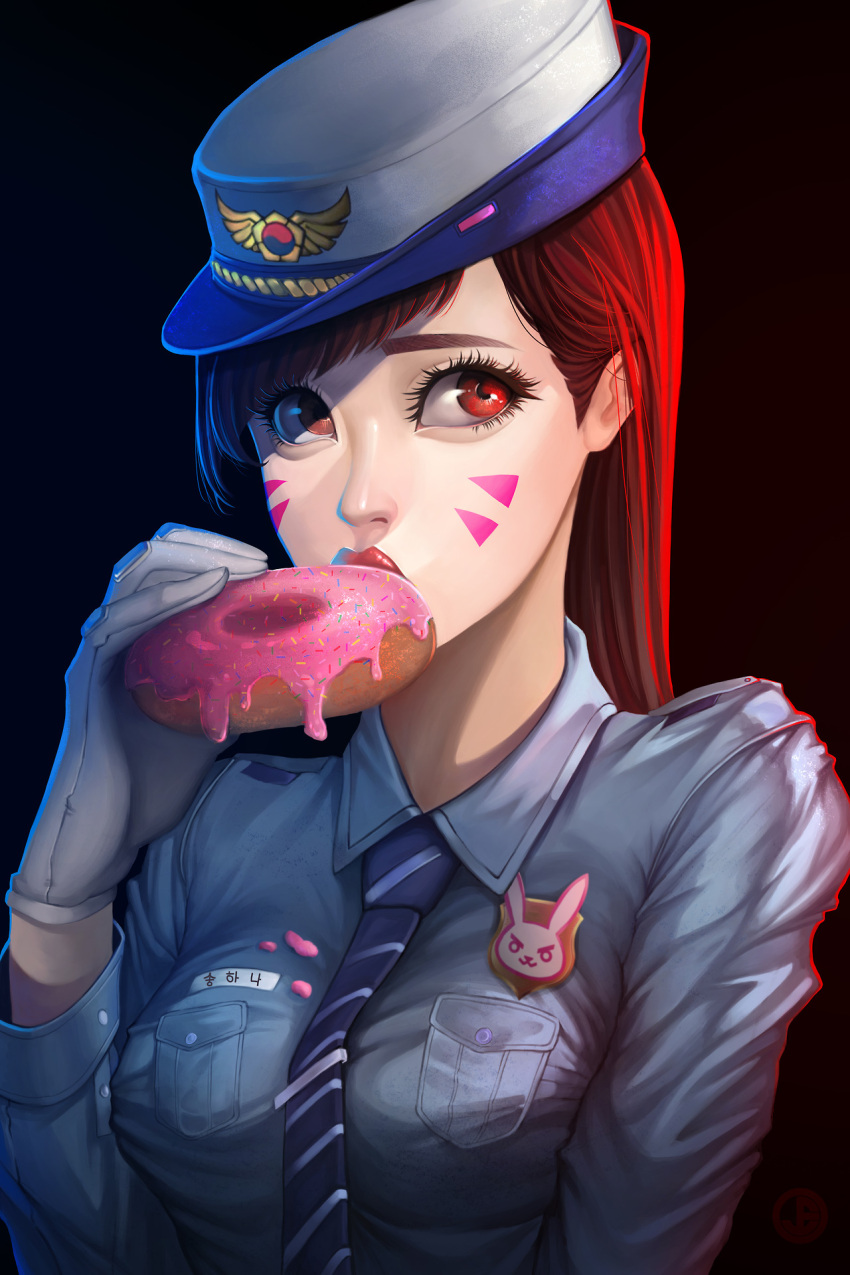 1girl alternate_costume animal_print backlighting black_background blue_shirt breast_pocket breast_squeeze breasts brown_eyes brown_hair bunny_print character_name collared_shirt d.va_(overwatch) doughnut eating eyelashes facepaint facial_mark female_service_cap food food_on_clothes gloves highres jellyemily korean lips long_hair long_sleeves looking_at_viewer medium_breasts name_tag necktie nose officer_d.va overwatch pocket police police_uniform policewoman shirt simple_background solo sprinkles striped striped_necktie uniform upper_body whisker_markings white_gloves