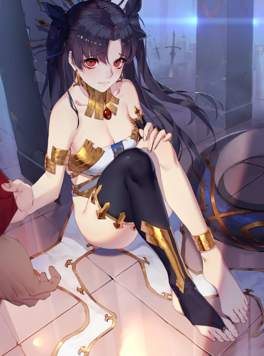 1girl absurdres archer asymmetrical_legwear bare_shoulders black_hair blush breasts cleavage daye_bie_qia_lian earrings elbow_gloves fate/grand_order fate_(series) gloves hair_ribbon highres ishtar_(fate/grand_order) jewelry long_hair looking_at_viewer medium_breasts pelvic_curtain red_eyes ribbon single_elbow_glove single_thighhigh sitting solo_focus thigh-highs tohsaka_rin two_side_up