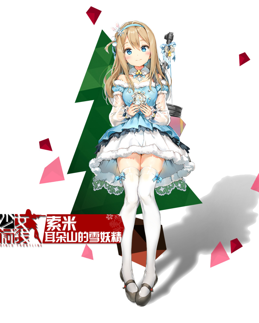 1girl 3: anmi bare_shoulders blue_eyes blush detached_collar dress full_body girls_frontline hair_ornament hairband highres light_brown_hair long_hair long_sleeves mary_janes one_side_up shoes short_dress solo suomi_kp31_(girls_frontline) thigh-highs transparent_background white_legwear