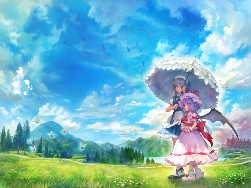 2girls apron bat_wings bird blue_eyes blue_sky bobby_socks bow braid clouds day dirt_road dress fairy grass hair_bow hat highres izayoi_sakuya lake maid maid_headdress matsuda_(matsukichi) mountain multiple_girls outdoors pink_dress puffy_short_sleeves puffy_sleeves purple_hair red_eyes remilia_scarlet scarlet_devil_mansion scenery shoes short_hair short_sleeves silver_hair sky smile socks touhou tree twin_braids umbrella waist_apron white_legwear wings