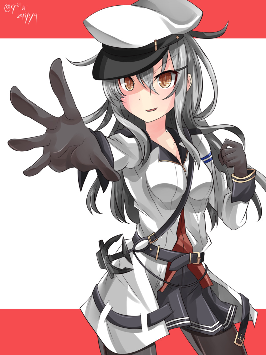anchor artist_signature belt black_legwear breasts cowboy_shot gangut_(kantai_collection) gloves grey_gloves hebitsukai-san highres kantai_collection long_hair outstretched_hand pantyhose pleated_skirt red_eyes silver_hair skirt smile