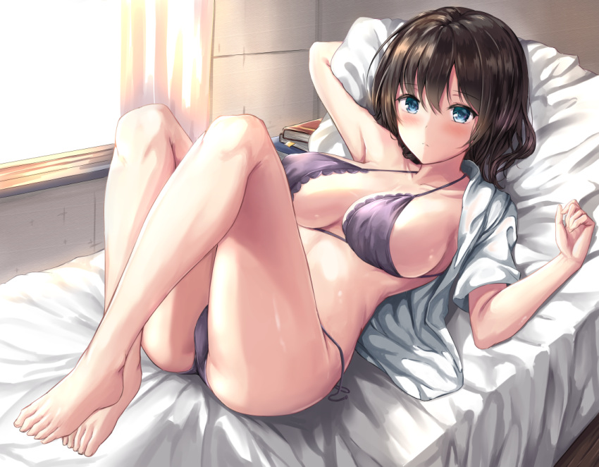 1girl arm_at_side arm_up ass bare_legs barefoot bed_sheet blouse blue_eyes blush bra breasts brown_eyes colored_eyelashes cushion large_breasts looking_at_viewer lying midriff on_back open_blouse open_clothes original panties purple_bra purple_panties short_hair sideboob solo tama_satou toes underwear underwear_only window
