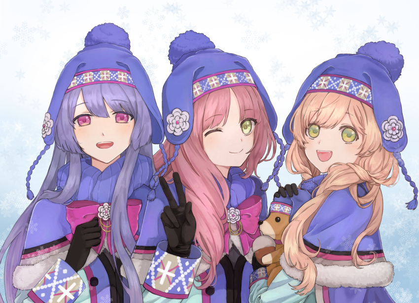 3boys black_gloves blue_hair brown_hair crossdressinging gloves green_eyes hanabusa_kokoro hat hirayama_ityu i-chu kagurazaka_runa long_hair male_focus multiple_boys oikawa_momosuke one_eye_closed smile stuffed_squirrel trap v violet_eyes