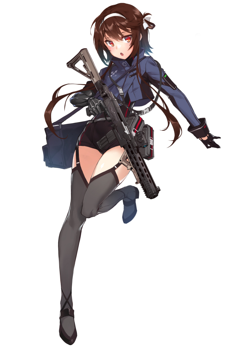 1girl absurdres assault_rifle bag black_gloves brown_hair crop_top cross-laced_footwear flat_chest full_body garter_straps girls_frontline gloves grey_legwear gun hair_ribbon hairband half_gloves highres leotard long_sleeves mechanical_arm nightmaremk2 one_side_up open_mouth orange_eyes pouch ribbon rifle short_hair_with_long_locks shoulder_bag solo standing standing_on_one_leg thigh-highs transparent_background trigger_discipline type_79_(girls_frontline) weapon