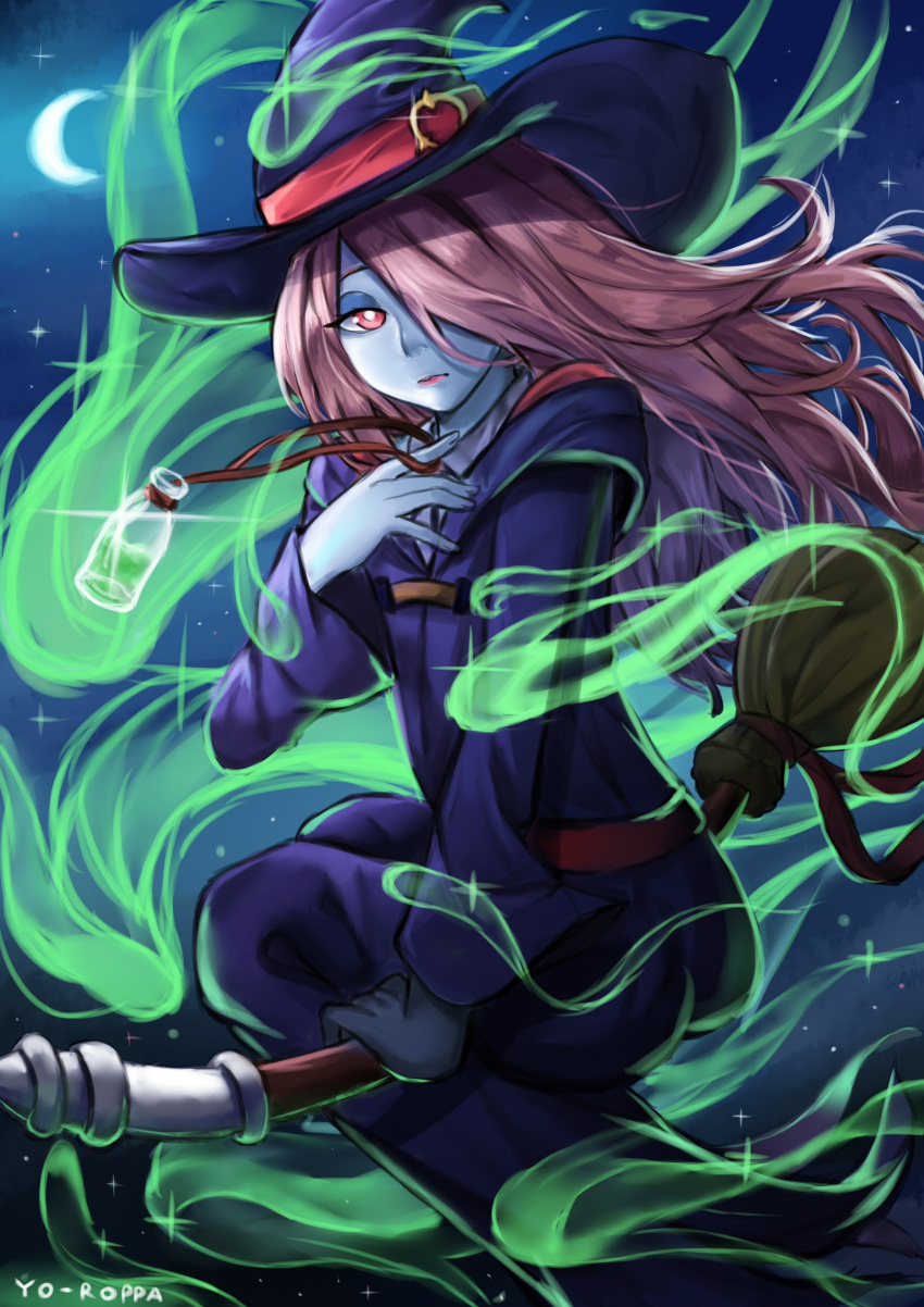 absurdres artist_name broom broom_riding crescent_moon hair_over_one_eye hat hat_belt highres little_witch_academia long_hair moon night night_sky pink_hair potion red_eyes robe school_uniform sidesaddle sky star_(sky) sucy_manbavaran witch_hat yo-roppa