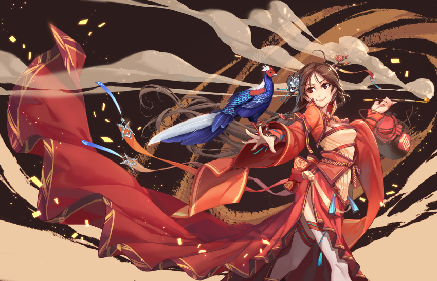 1girl bird brown_hair chinese_clothes hair_ornament highres kiseru long_hair looking_back original pipe red_eyes smile solo splish thigh-highs very_long_hair walking year_of_the_rooster