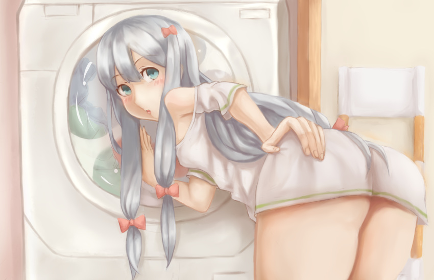 1girl ass bent_over blue_eyes blue_hair blush bow breasts eromanga_sensei from_behind hair_bow hand_on_own_ass highres izumi_sagiri long_hair looking_back off_shoulder parted_lips shirt short_sleeves small_breasts solo tomuzou very_long_hair washing_machine white_shirt