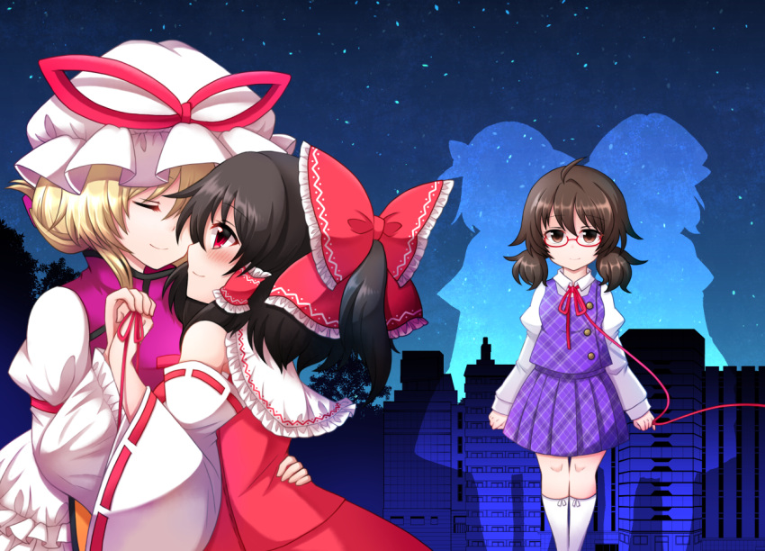 3girls ahoge alternate_hairstyle bangs black_hair blonde_hair blush bow brown_eyes brown_hair cityscape closed_eyes collared_shirt commentary_request detached_sleeves dress face-to-face forest frilled_dress frilled_shirt_collar frills glasses hair_between_eyes hair_bow hair_tubes hair_up hakurei_reimu hand_on_another's_back hat hat_ribbon hug kneehighs long_sleeves looking_at_another low_twintails maribel_hearn mob_cap multiple_girls nature night night_sky no_hat no_headwear plaid plaid_skirt plaid_vest pleated_skirt puffy_long_sleeves puffy_sleeves purple_skirt purple_vest red-framed_eyewear red_shirt red_skirt red_string ribbon ribbon-trimmed_sleeves ribbon_trim school_uniform semi-rimless_glasses shiny shiny_hair shiohachi shirt short_hair short_ponytail sidelocks silhouette skirt sky smile star_(sky) starry_sky string tabard touhou twintails under-rim_glasses usami_renko usami_sumireko vest white_dress wide_sleeves yakumo_yukari