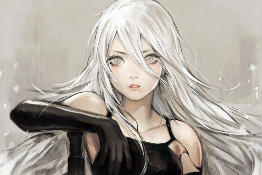 1girl bare_shoulders black_gloves collarbone elbow_gloves gloves long_hair looking_at_viewer mole mole_under_mouth nier_(series) nier_automata parted_lips pink_lips simple_background solo tank_top viorie white_background white_eyes white_hair yorha_type_a_no._2