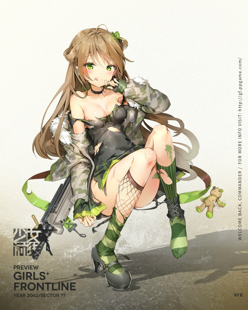 1girl :q ahoge ankle_cuffs anmi assault_rifle black_dress black_gloves blush breasts brown_hair bullpup choker collarbone covered_navel dog_tags dress fingerless_gloves fur_trim girls_frontline gloves green_eyes gun high_heels highres kel-tec_rfb mary_janes mole mole_on_breast no_panties off_shoulder official_art rfb_(girls_frontline) rifle scratches shoes sitting sleeves_past_wrists small_breasts socks solo sparkle striped striped_legwear stuffed_animal stuffed_toy teddy_bear tongue tongue_out torn_clothes torn_dress two_side_up vertical-striped_legwear vertical_stripes weapon