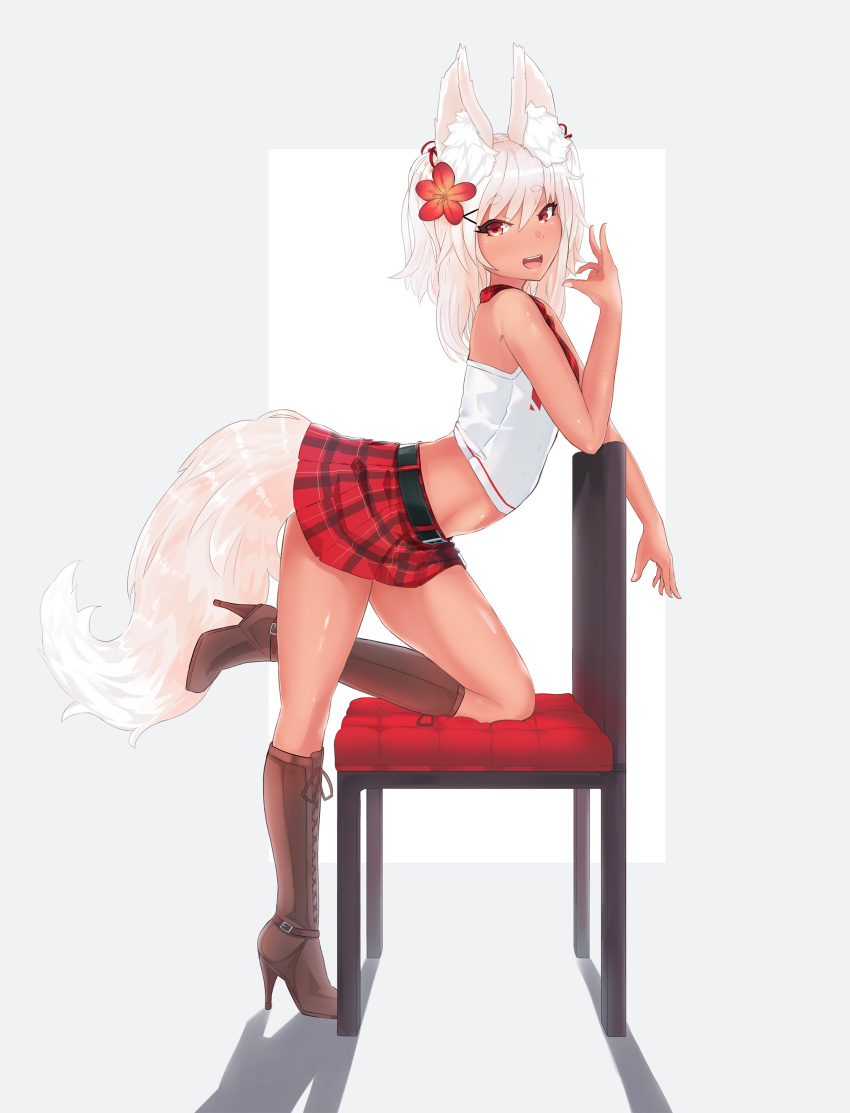 1girl absurdres animal_ears arched_back breasts brown_footwear chair commentary crop_top ehrrr flower fox fox_ears fox_tail from_side full_body hair_flower hair_ornament high_heels highres long_hair looking_at_viewer midriff miniskirt necktie open_mouth original plaid plaid_skirt red_eyes red_necktie shirt skirt sleeveless sleeveless_shirt small_breasts standing standing_on_one_leg tail thighs white_hair white_shirt