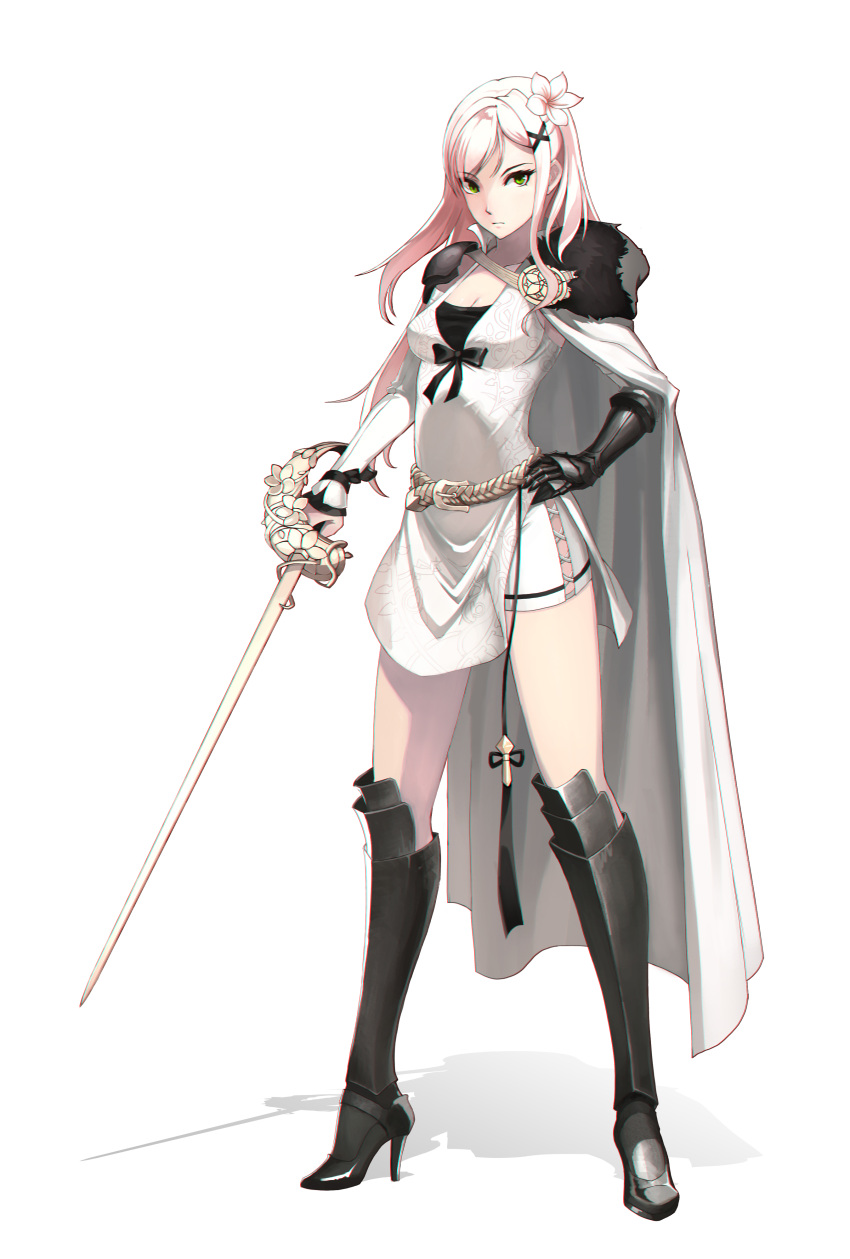 &gt;:( 1girl absurdres armor armored_boots artist_request belt boots breasts cape cleavage closed_mouth detached_sleeves dress flower full_body greaves green_eyes hair_flower hair_ornament hand_on_hip high_heel_boots high_heels highres holding holding_sword holding_weapon knight long_hair looking_at_viewer medium_breasts original rapier serious short_dress shorts_under_dress silver_hair single_gauntlet single_pauldron solo sword weapon white_dress x_hair_ornament