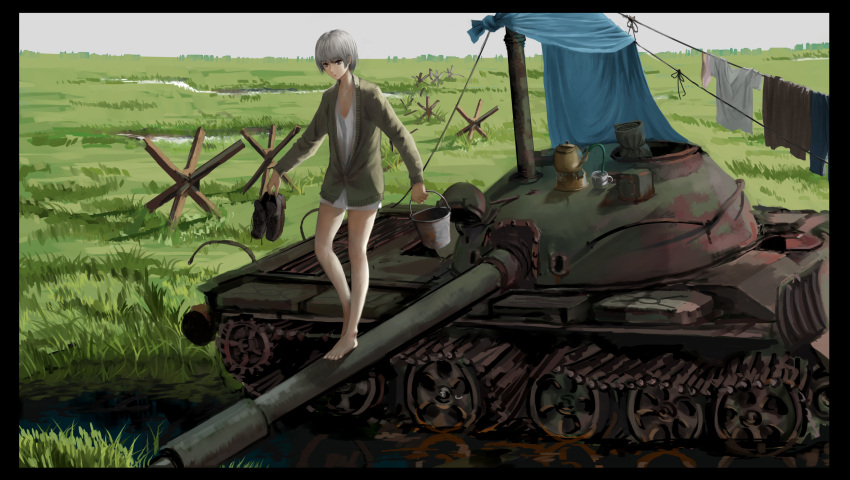 1girl bedroll bucket cardigan commentary_request czech_hedgehog field grass ground_vehicle highres holding jittsu laundry military military_vehicle motor_vehicle no_pants original shirt shoes_removed t-62 t-shirt tank vehicle_request white_hair