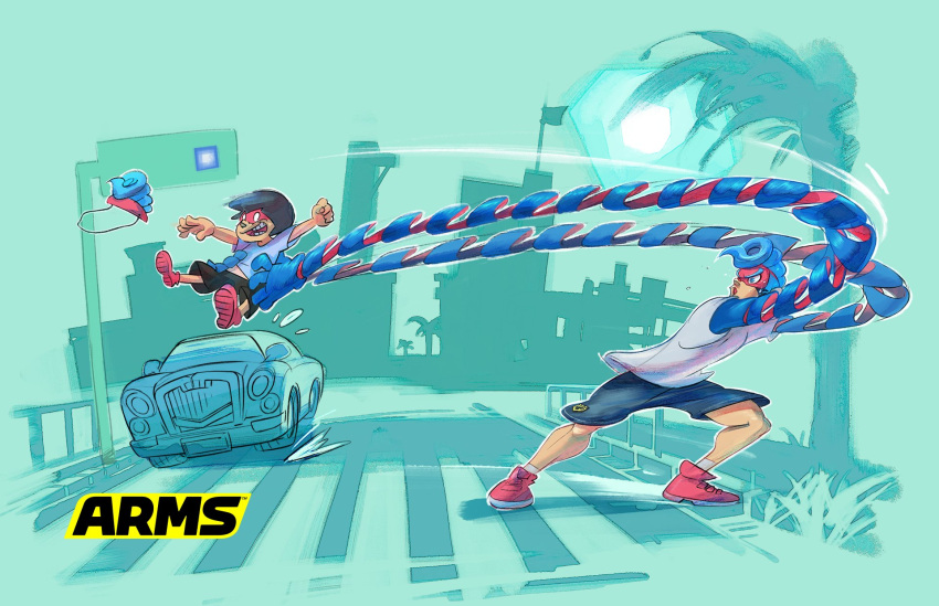 2boys arms_(game) blue_hair car copyright_name domino_mask drill_hair ground_vehicle highres long_arms mask monochrome_background motor_vehicle multiple_boys nintendo official_art road shorts spring_man_(arms) street sweat tree