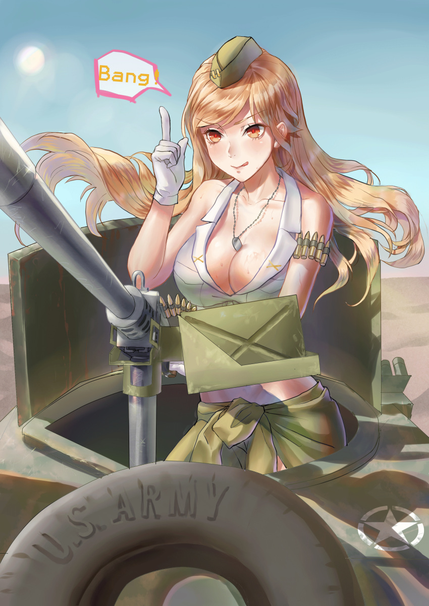 1girl absurdres ammunition_belt armlet bang between_breasts blacksonata5 blonde_hair breasts bullet car dog_tags finger_gun girls_frontline gloves ground_vehicle gun hat highres jeep large_breasts licking_lips long_hair m2_browning m2hb_(girls_frontline) machine_gun motor_vehicle orange_eyes solo speech_bubble tongue tongue_out vehicle weapon