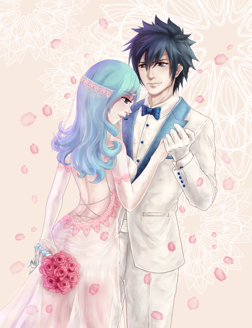 1boy 1girl absurdres ass black_hair blue_eyes blue_hair bn_lorrie bouquet bow bowtie bridal_veil dress fairy_tail flower formal gray_fullbuster highres juvia_loxar long_hair open-back_dress petals red_rose rose suit tuxedo veil wedding wedding_dress white_suit