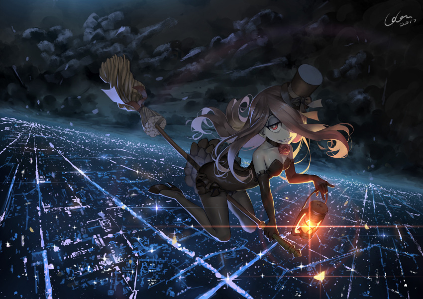 1girl bare_shoulders black_dress black_hat black_legwear black_ribbon breasts broom broom_riding brown_hair choker city_lights cityscape cleavage dress floating_hair flying full_body grin hair_over_one_eye hat hat_ribbon highres lantern little_witch_academia long_hair looking_at_viewer madcocoon medium_breasts night night_sky pantyhose red_eyes ribbon scenery sky smile solo sucy_manbavaran top_hat