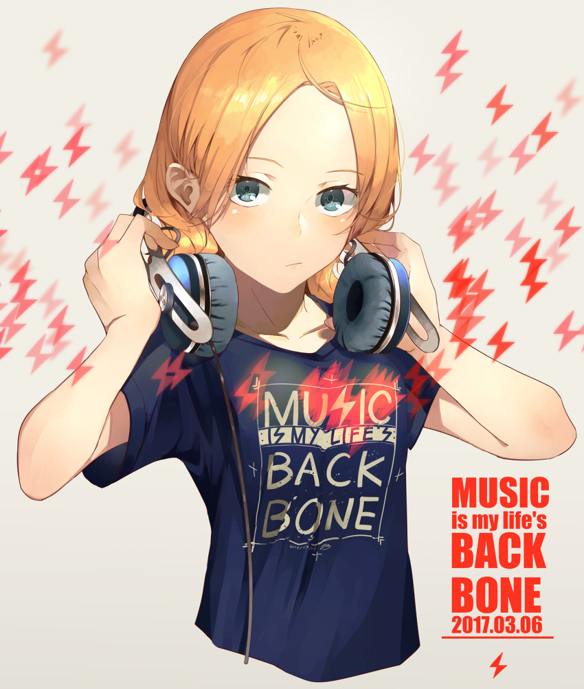 1girl blonde_hair blue_eyes clothes_writing commentary_request dated flat_chest forehead haruhito_katsuki headphones headphones_around_neck highres long_hair looking_at_viewer original sennheiser shirt solo t-shirt