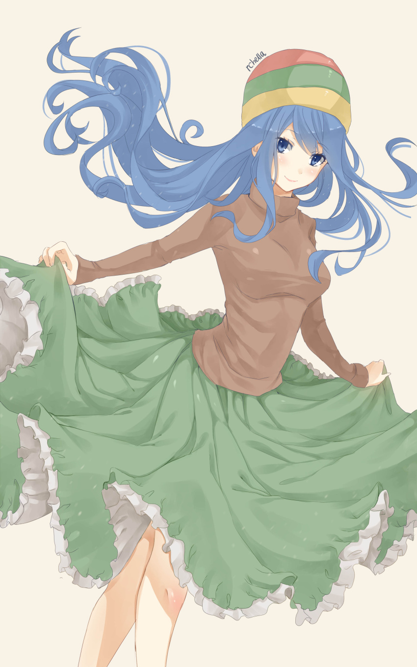 1girl absurdres artist_name blue_eyes blue_hair dutch_angle fairy_tail frilled_skirt frills hat highres juvia_loxar long_hair long_skirt looking_at_viewer rchella signature skirt skirt_lift smile solo