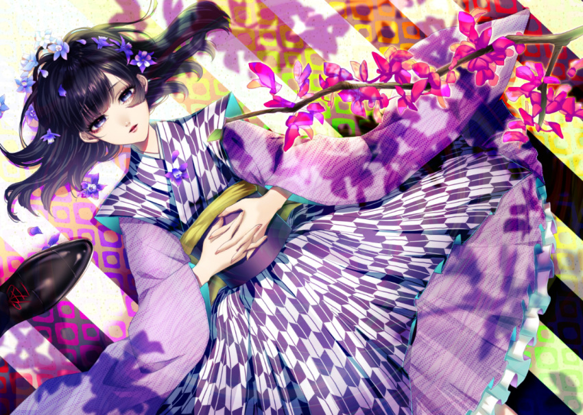 1girl black_eyes black_hair black_shoes branch dress dutch_angle flower hair_flower hair_ornament hands_together looking_at_viewer lying ohagi_(ymnky) on_back original purple_dress shoes solo wide_sleeves