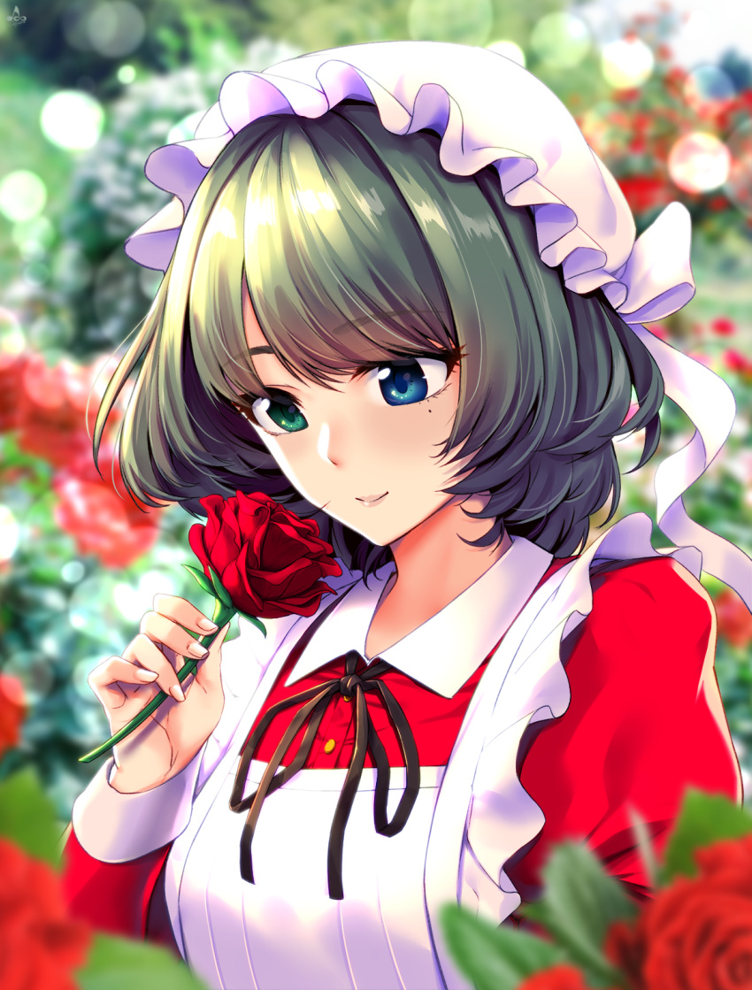 1girl apron artist_name bangs black_ribbon blurry blush bokeh buttons closed_mouth day depth_of_field dress eyebrows_visible_through_hair fingernails flower frilled_hat frills green_hair hat heterochromia highres holding holding_flower idolmaster idolmaster_cinderella_girls infinote lips long_sleeves mob_cap mole mole_under_eye outdoors red_dress red_rose ribbon rose rose_bush shiny shiny_hair short_hair smelling smile solo takagaki_kaede thick_eyebrows tsurime upper_body white_apron white_hat